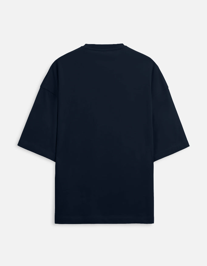 Ride More Worry Less adventure biker oversized t-shirt, navy blue, back view