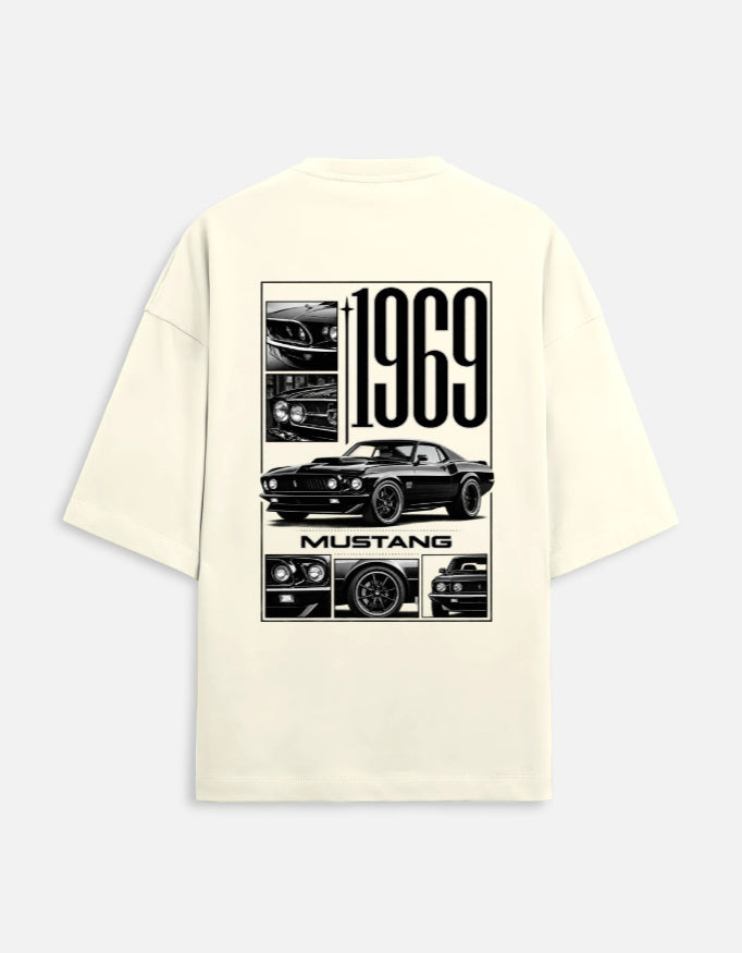 1969 Mustang classic muscle car back print oversized t-shirt, off white, back view