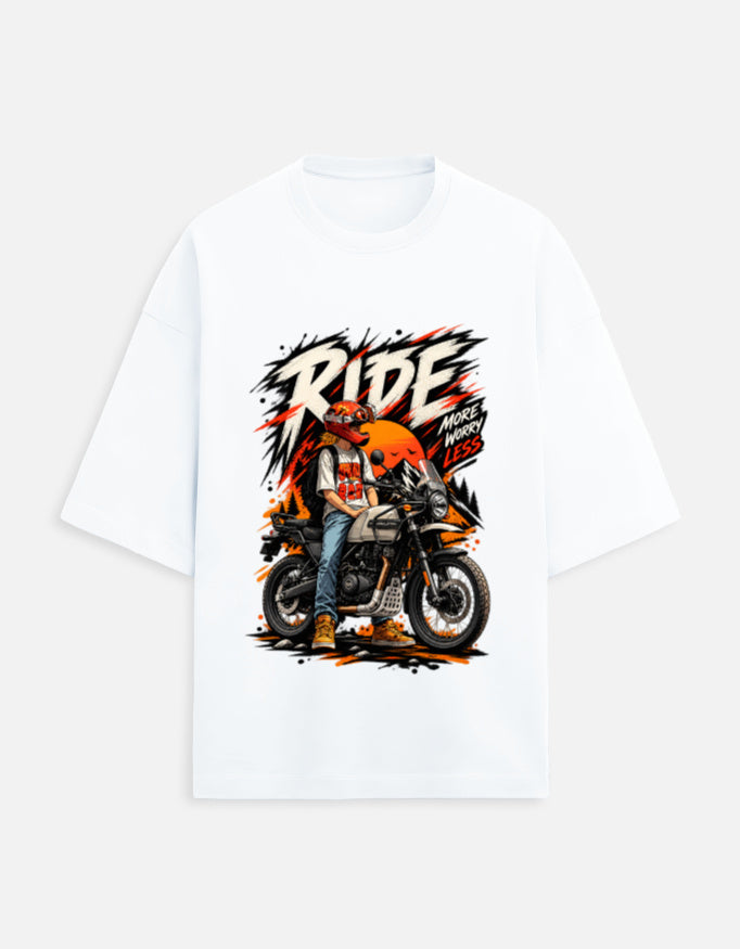 Ride More Worry Less adventure biker oversized t-shirt, white, front view