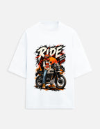 Ride More Worry Less adventure biker oversized t-shirt, white, front view