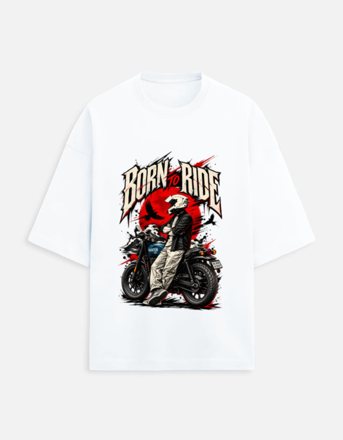 Born to Ride biker oversized t-shirt, white, front view