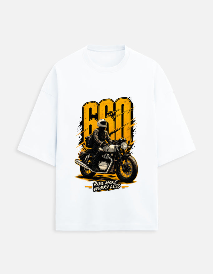 660 Ride More Worry Less biker oversized t-shirt, white, front view