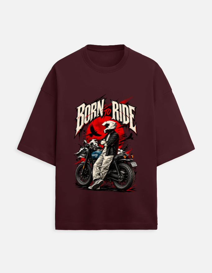 Born to Ride biker oversized t-shirt, maroon, front view