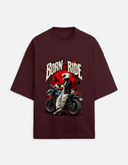 Born to Ride biker oversized t-shirt, maroon, front view