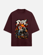 Ride More Worry Less adventure biker oversized t-shirt, maroon, front view