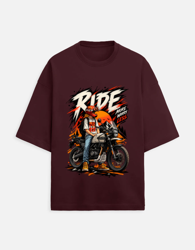 Ride More Worry Less adventure biker oversized t-shirt, maroon, front view