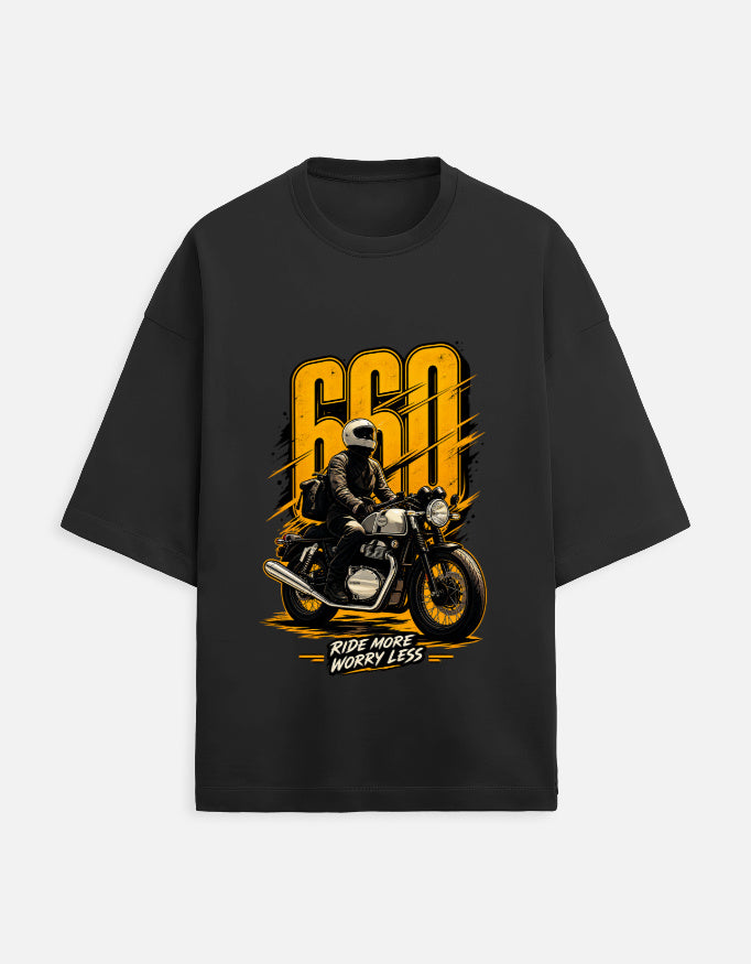 660 Ride More Worry Less biker oversized t-shirt, black, front view