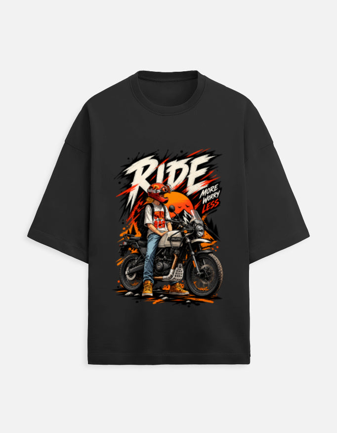 Ride More Worry Less adventure biker oversized t-shirt, black, front view