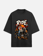 Ride More Worry Less adventure biker oversized t-shirt, black, front view