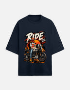 Ride More Worry Less adventure biker oversized t-shirt, navy blue, front view