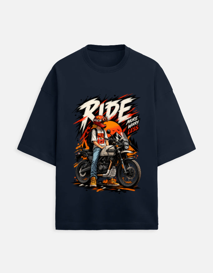 Ride More Worry Less adventure biker oversized t-shirt, navy blue, front view