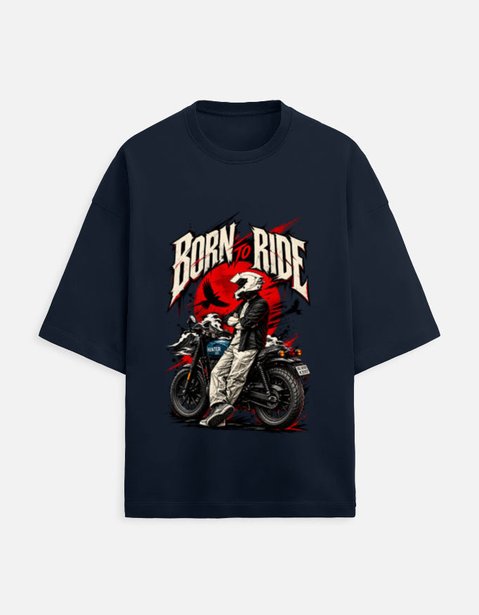 Born to Ride biker oversized t-shirt, navy blue, front view