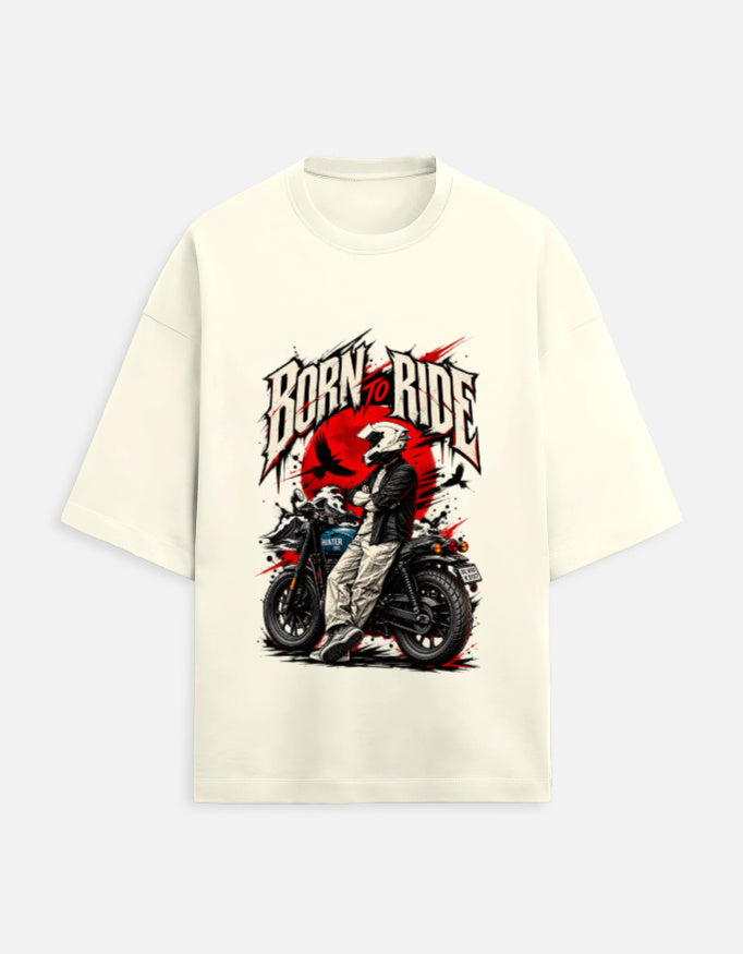 Born to Ride biker oversized t-shirt, off white, front view