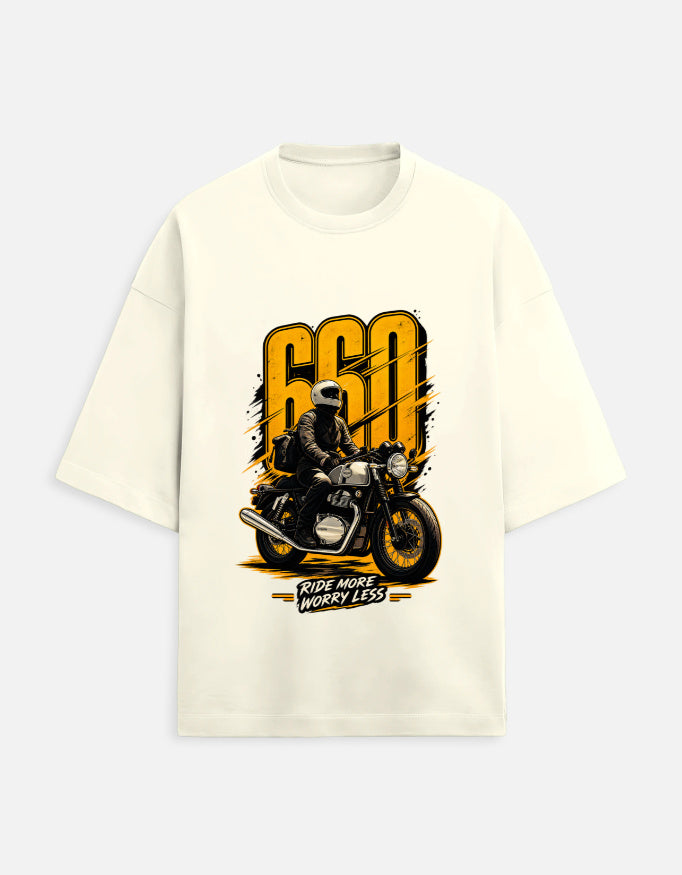 660 Ride More Worry Less biker oversized t-shirt, off white, front view