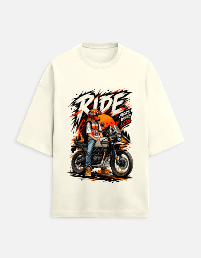 Ride More Worry Less adventure biker oversized t-shirt, off white, front view