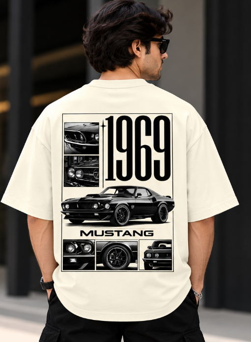 1969 Mustang American Muscle Oversized T-Shirt – Classic Car Back Print Terry Tee