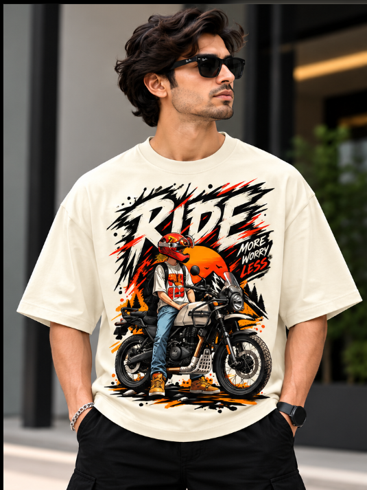 Ride More Worry Less Oversized T-Shirt – Adventure Biker Graphic Terry Tee