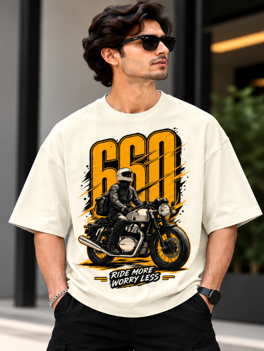 660 Ride More Worry Less Oversized T-Shirt – Biker Graphic Terry Tee for Men